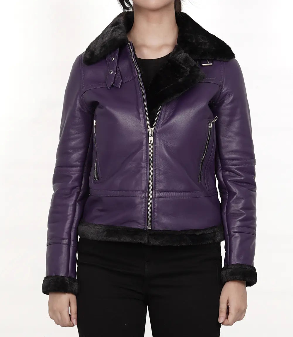 Women's Purple Shearling Leather B3 Bomber Jacket LSW-0065